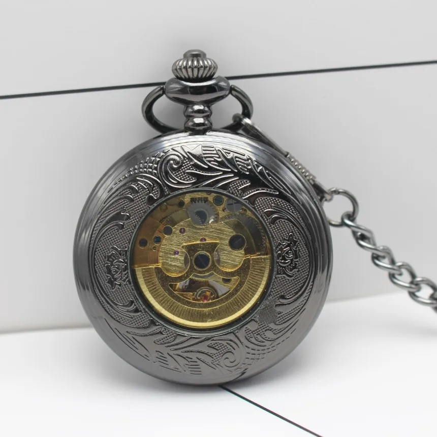 

Delicate Black Stainless-steel Unisex Baroque Womens Automatic Mechanical Pocket Watch Hollowed Lid Chain Luxury Fob Watches