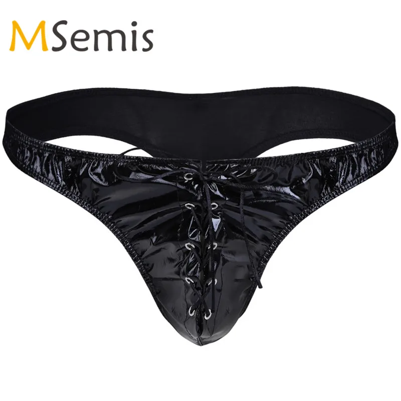 Мужское нижнее белье гей трусики бикини шорты Лакированное кожаное на шнуровке