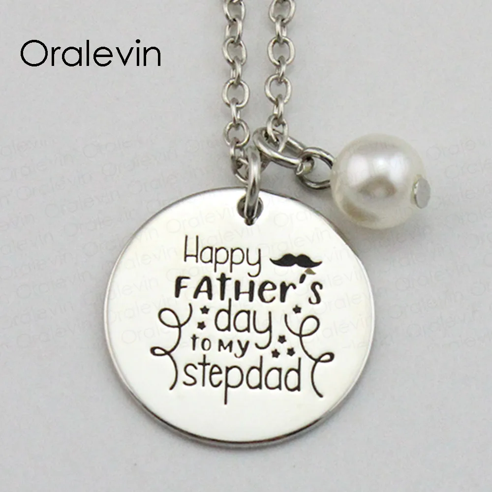 

HAPPY FATHER'S DAY TO MY STEPDAD Inspirational Hand Stamped Engraved Custom Pendant Female Necklace Jewelry,10Pcs/Lot, #LN2026