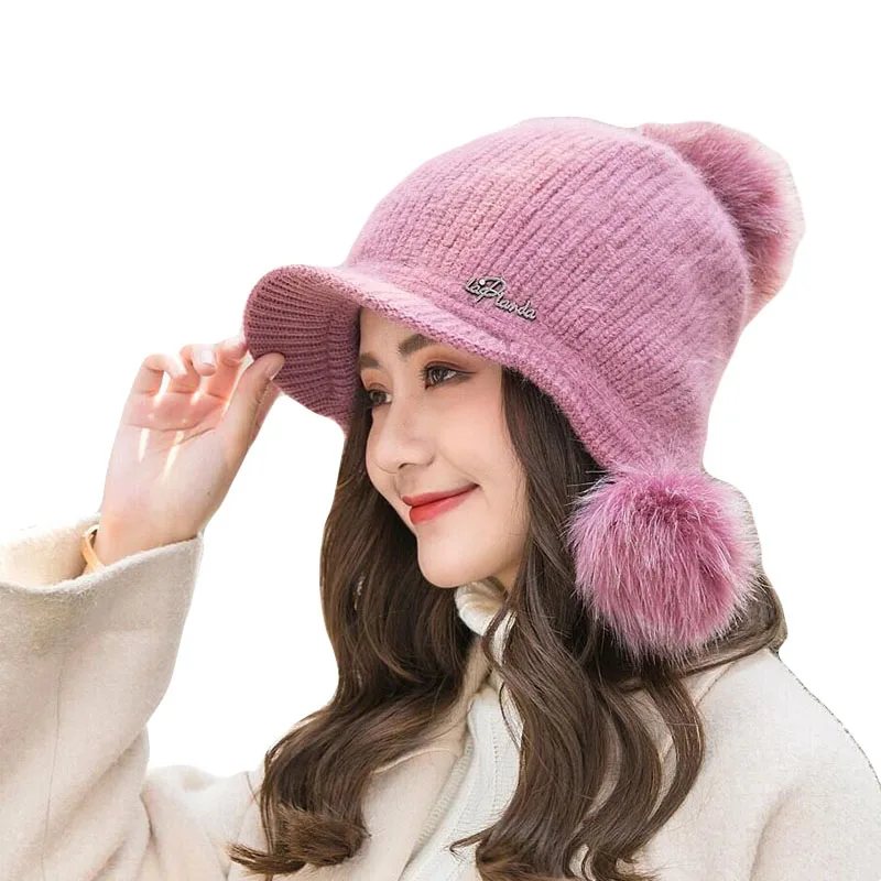 Зимние женские шапки с помпоном из натурального меха теплые кроличьим мехом