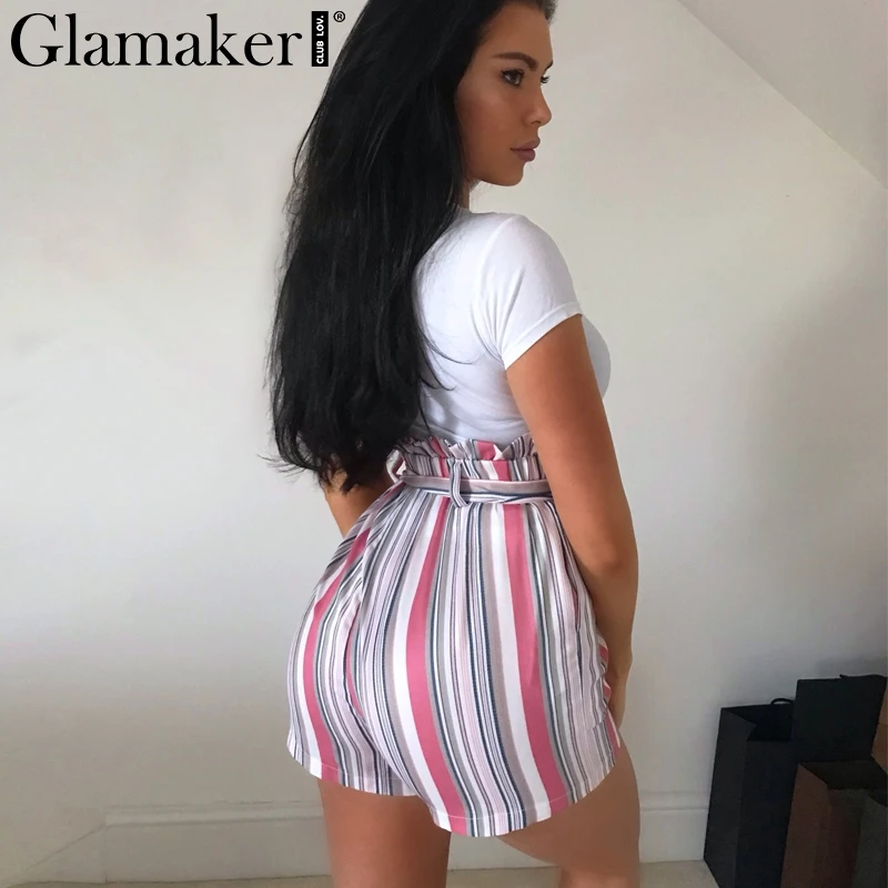 Женские шорты с высокой талией Glamaker свободные весенние в полоску оборками и