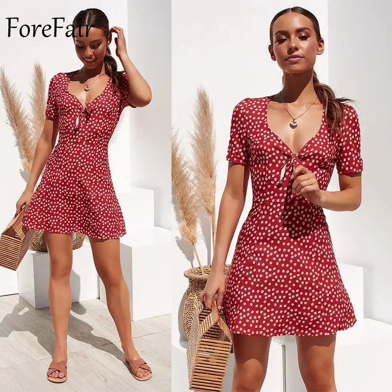 Forefair, ретро богемное пляжное платье, женское, летнее, сексуальное, ТРАПЕЦИЕВИДНОЕ, короткий рукав, v-образный вырез, элегантное, Узелок, завязывается, мини, вечерние, с цветочным рисунком