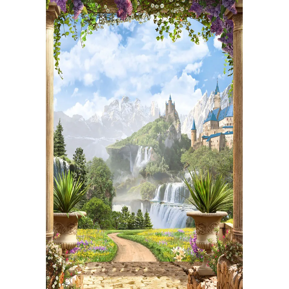 Фоны Laeacco для детской фотосъемки с изображением гор замка цветов сада арки|backgrounds