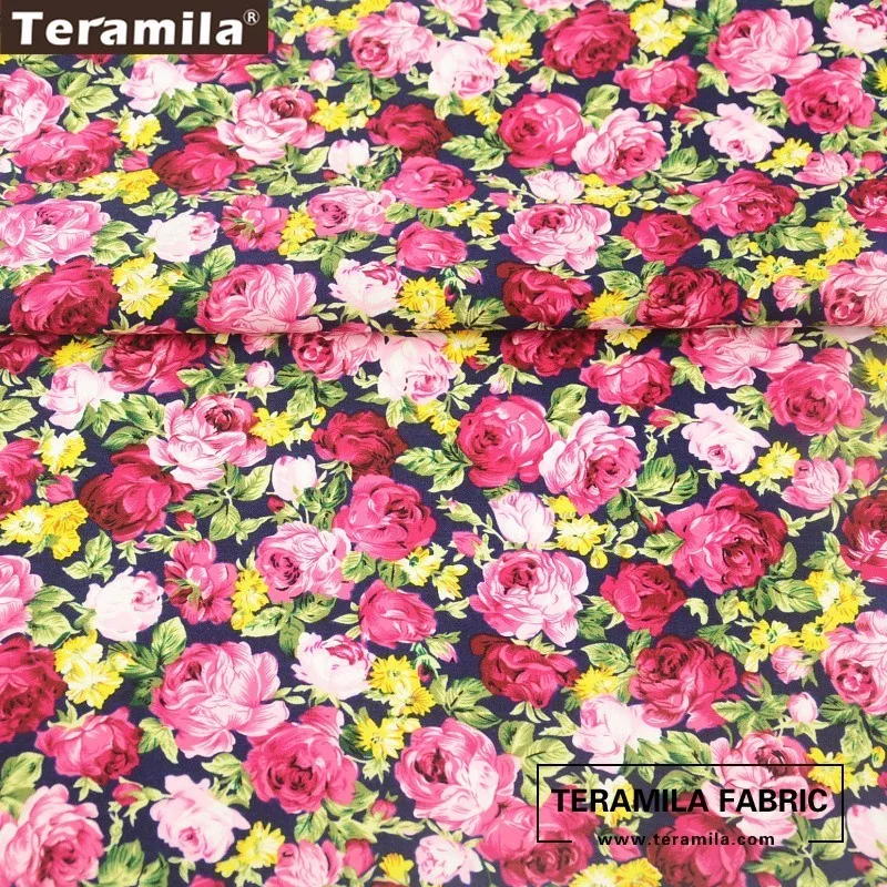 Teramila Cotton Poplin Fabric Printed Blooming Flower Style Dark Navy Cloth Shirt Handwork Fat Quarter Meter Textile Patchwork | Дом и сад