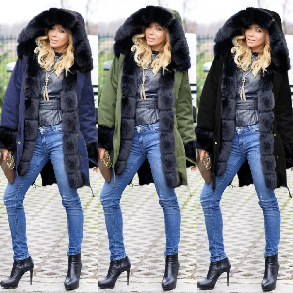 Для женщин теплые парки съемный меха Сгущает искусственного сочетается с