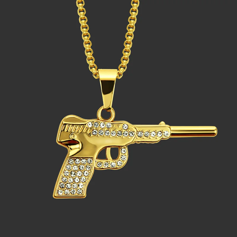 Мода AK47 револьвер Uzi пистолет кулон ожерелья для женщин мужчин хип хоп ювелирные изделия стимпанк Bling горный хрусталь Золото Длинная цепочка ожерелье