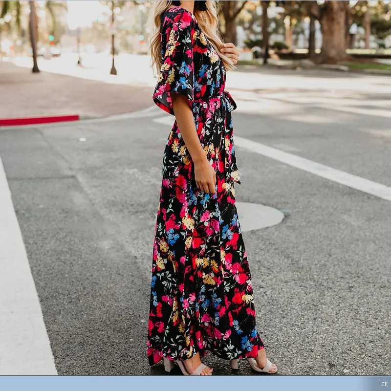 Новое модное женское длинное платье в стиле бохо с цветочным рисунком вечернее v