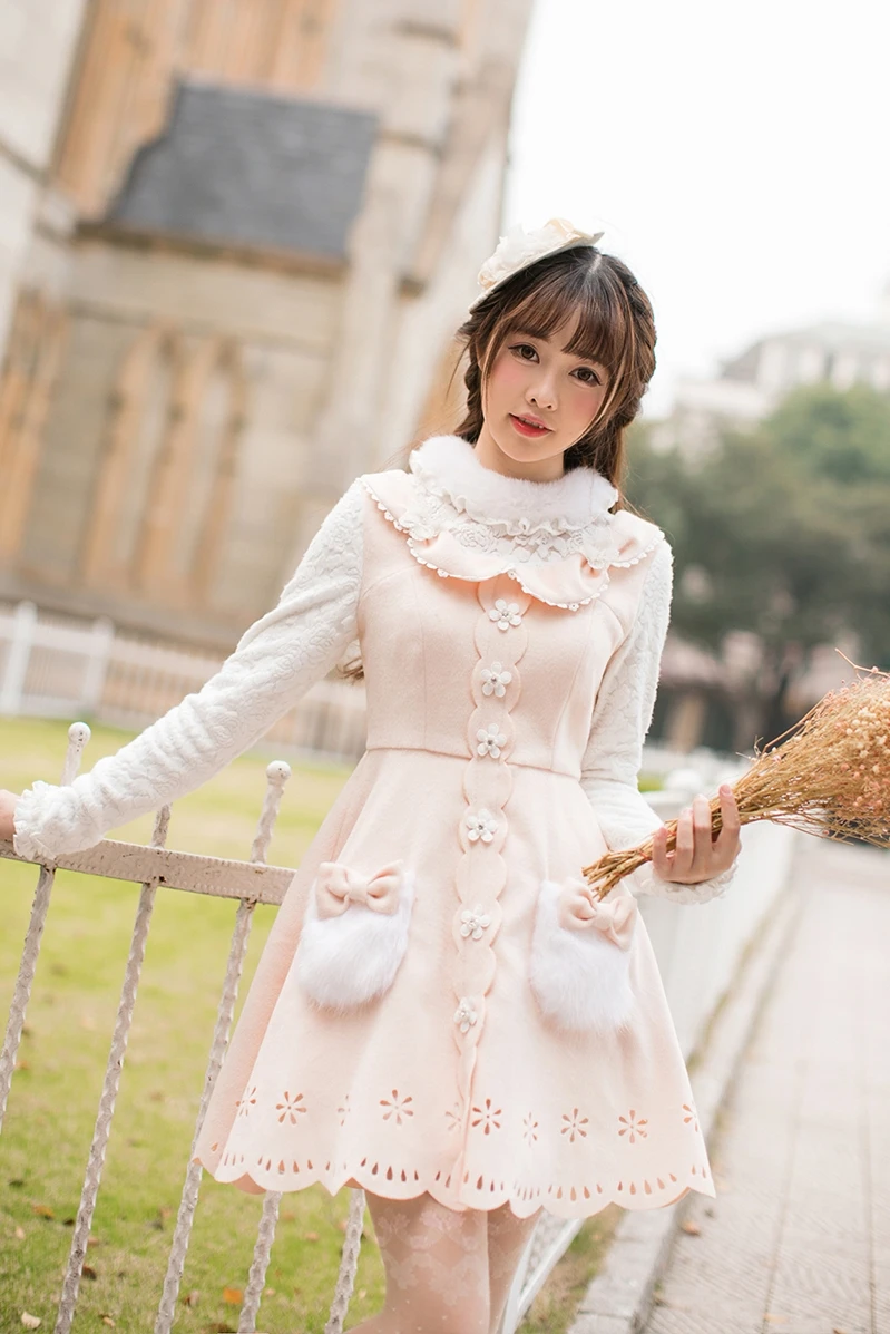 Princess sweet lolita dress Candy rain wool winter dress female candy sweet slim long sleeved dress a princess dress C22CD7277