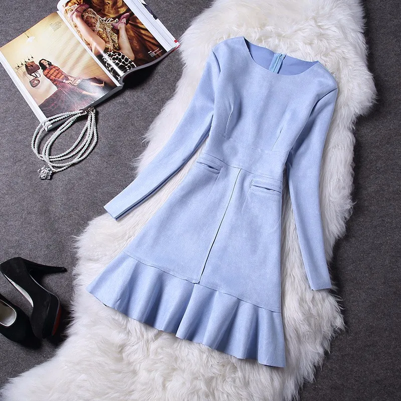 O-neck Long Sleeve Suede Mini Dress O-Neck Long Sleeve Suede Mini Dress 2