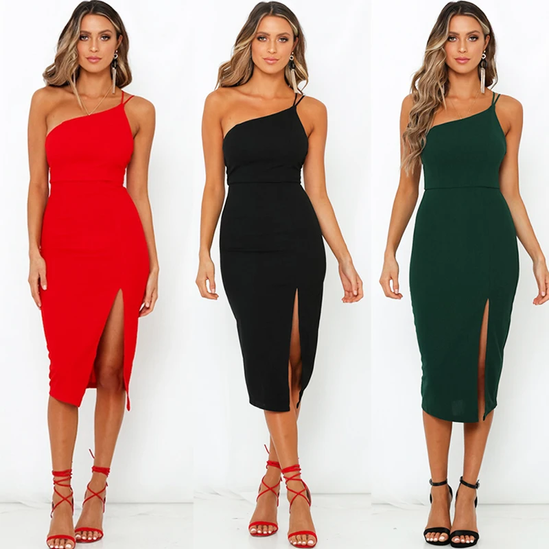Вечернее платье vestidos, женское платье с открытой спиной на одно плечо, с разрезом, на бретелях, рождественское красное платье, новинка