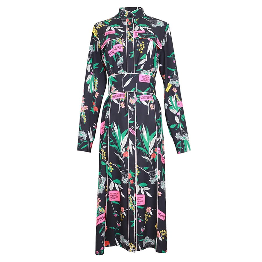 AELESEEN/ осенние платья с буквенным принтом, Женская Повседневная однобортная футболка с цветочным принтом в Европейском стиле, платье с поясом