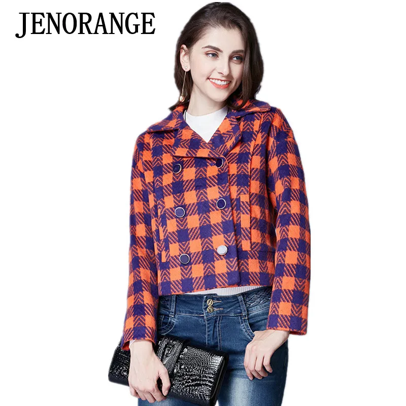 JENORANGE бренд женские зимние случайный стиль двубортный плед шерсть короткая