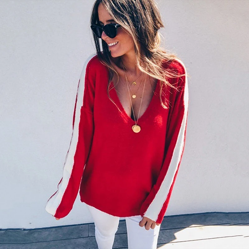 Women Casual Long Sleeve Deep V Neck Pullovers Autumn Loose Knitted Sweater Fashion Patchwork Color Tops | Женская одежда