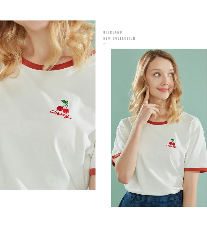 Giordano Women Tshirt Women Embroidery Fruits Contrast Color Crewneck Short Sleeve Tees Women Soft Cotton Fasion Women T Shirt