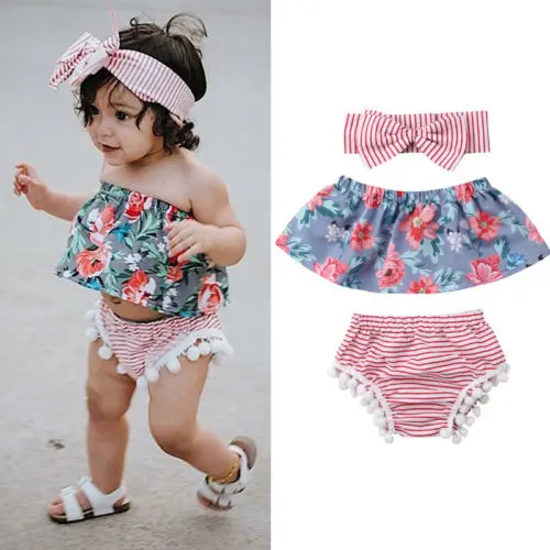 3 шт. для новорожденных девочек с плеча топы + шорты в полоску комплект