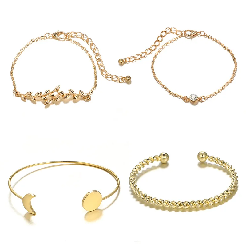 Fashion accessories simple alloy gold crystal moon round leaf 4 pieces set open Bracelets for women party jewelry bangle gift | Украшения и