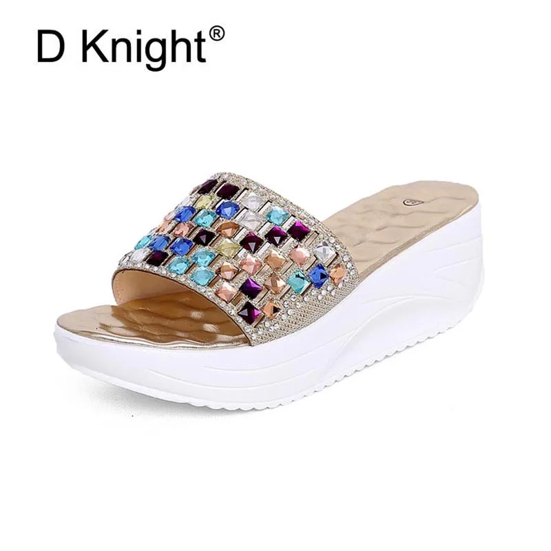 

Bling Crystal Wedges 2018 Summer Sandals Sequined Cloth Glitter Platform Slides Party Wedding Shoes Woman Gold Silver High Heels