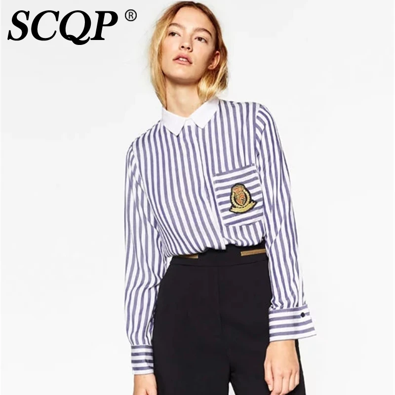 SCQP Карман Знак Вышивка Полосатые Женские Рубашки Студент Мода Женская Верхняя