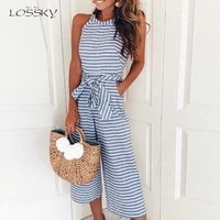 lossky rompers women striped printed lace up pocket o neck sleeveless long wide leg pants summer black pink overalls female 2020