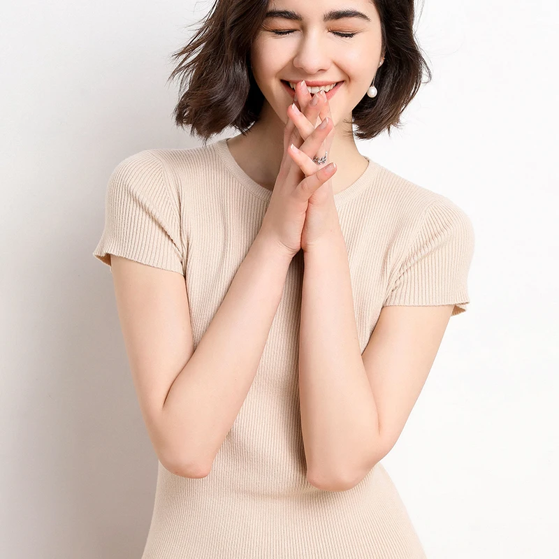 2019 spring O-neck short-sleeved knit bottoming shirt pullover solid color female half-sleeved thin | Женская одежда