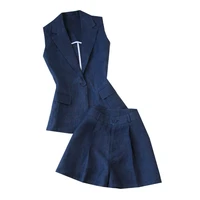 2 piece outfits for women summer new fashion linen thin suit vest jacket wide leg high waist shorts hidden blue two piece