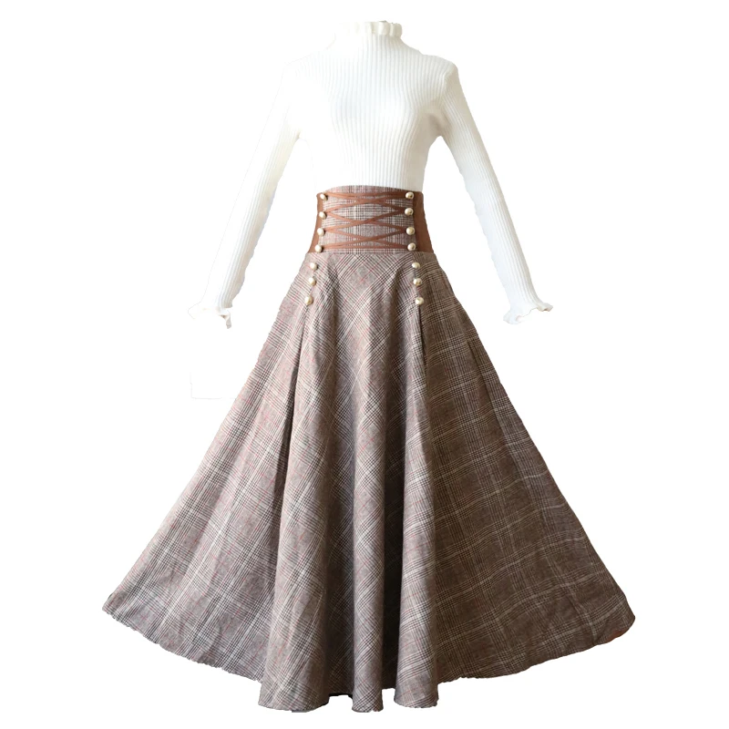 autumn and winter literary fans retro tartan woolen bust long skirt waist skirt elastic waist women's Vintage skirt