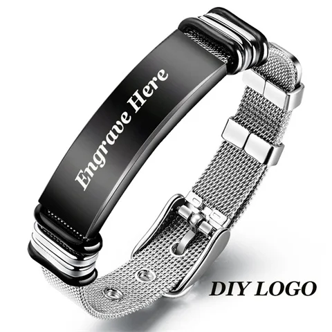 Black DIY logo V. YA модный Индивидуальный Черный мужской браслет из нержавеющей стали индивидуальный серебряный браслет Выгравированный браслет для мужчин ювелирный подарок - Окраска металла: Black DIY logo