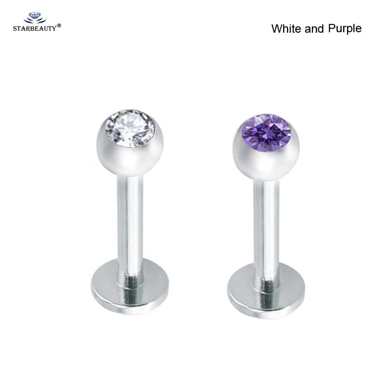 White and Purple 2шт 1,2x6 мм милый Bijoux мяч Лабрет губы пирсинг ореха нос пирсинг Спираль пирсинг для пупка нос кольцо хряща серьги пирсинг - Окраска металла: White and Purple