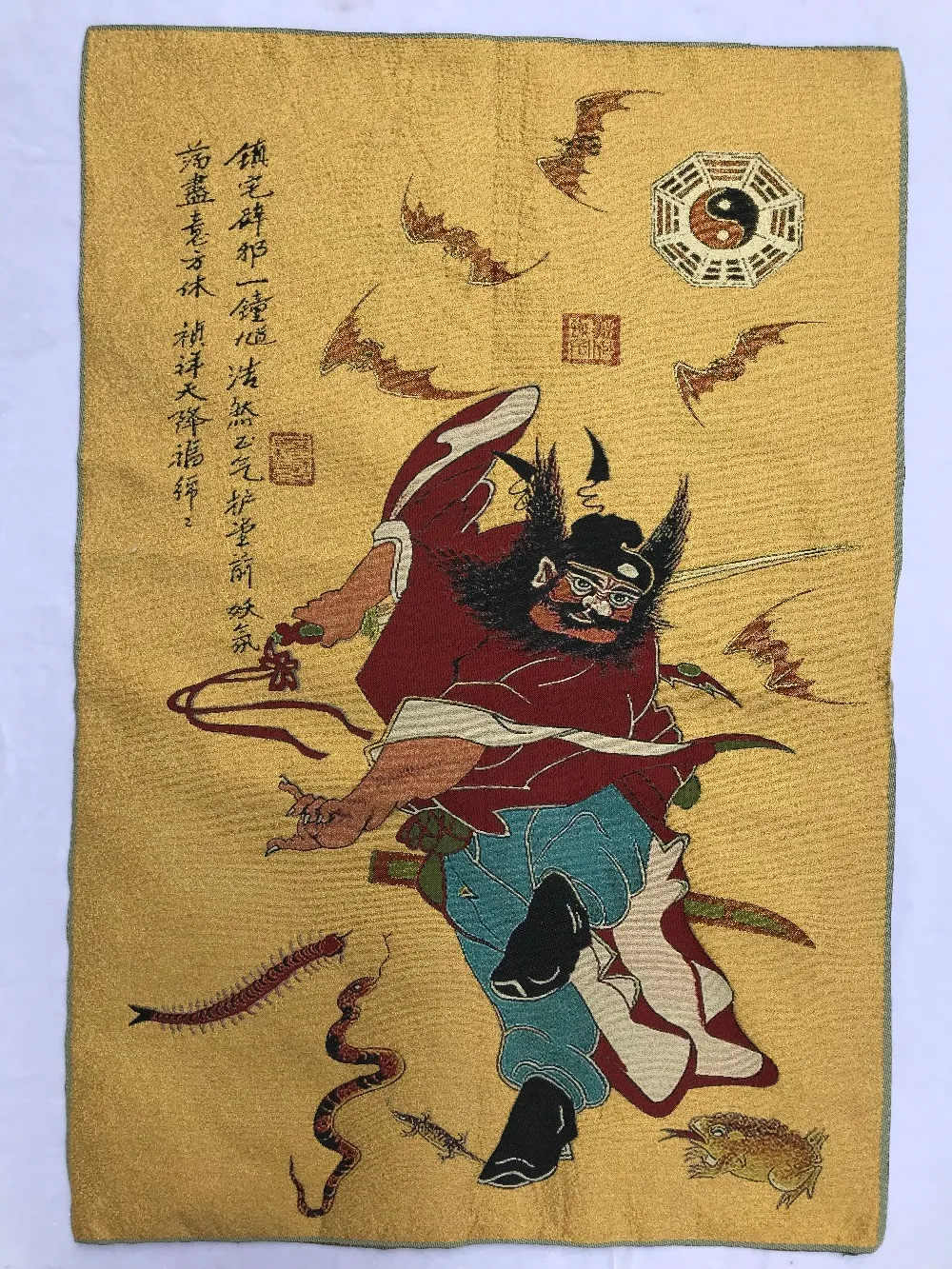 Антикварная изысканная вышивка старой шелковой парчи картины Zhongkui