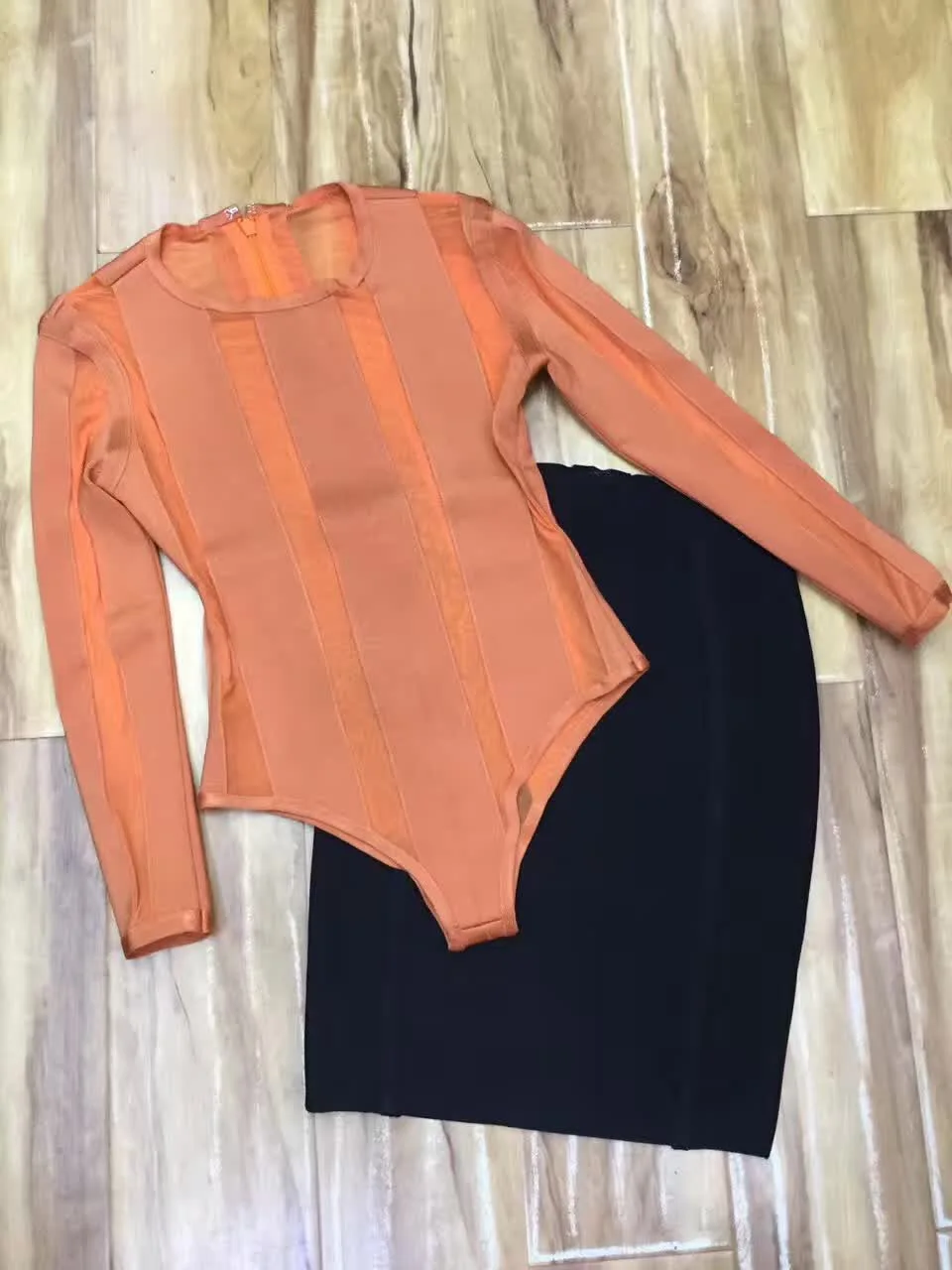 Orange and Black Новые dress O Шеи длинным рукавом Сексуальная Mesh 2 Шт. Наряды для Женщин 2017 Платье Знаменитости партия