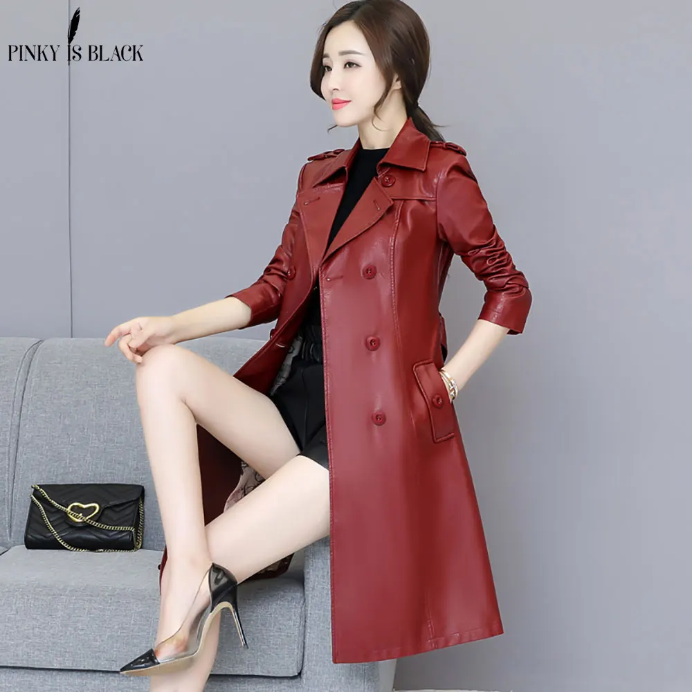 PinkyIsblack 2022 New Spring Women Long Leather Jacket Slim Belt Motorcycle PU Leather Long Jacket Coat Leather Trench