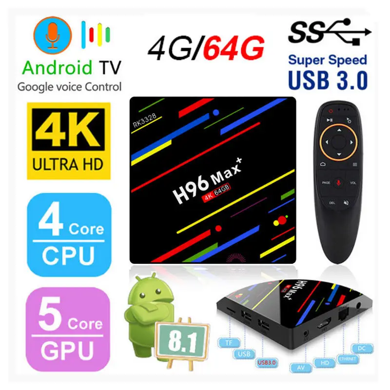 4 ГБ ОЗУ 64 Гб ПЗУ H96 MAX Plus Android 9 0 ТВ-приставка RK3328 четырехъядерный 2 4G/5 0G WiFi Bluetooth LAN 4K