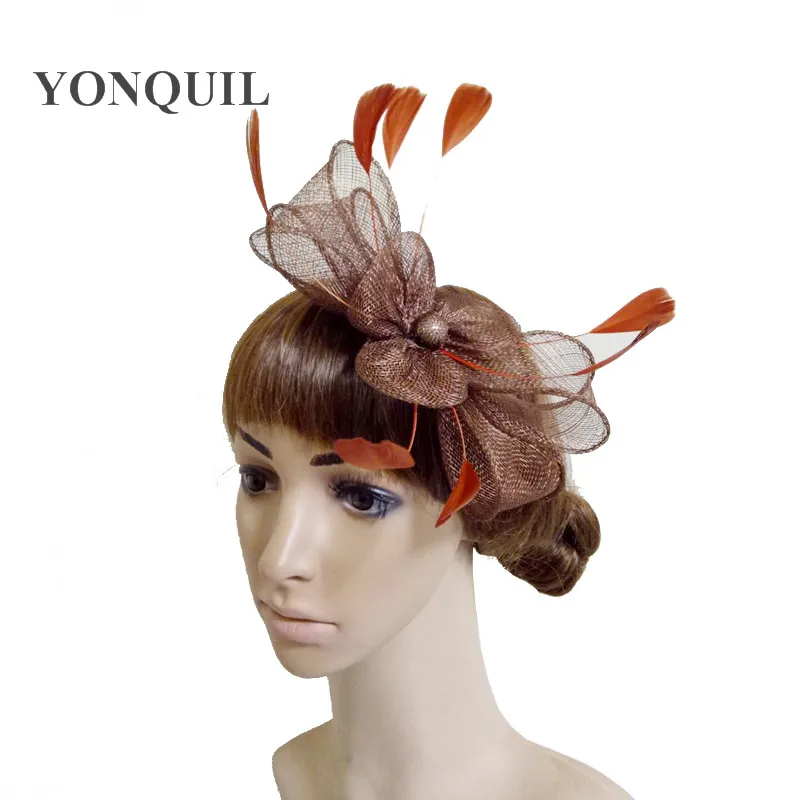 Vintage Sinamay Fascinator Headwear Colorful Mesh Feather Party Show Hair Accessories Millinery Linen Yellow Cocktail Hat MYQ093 |