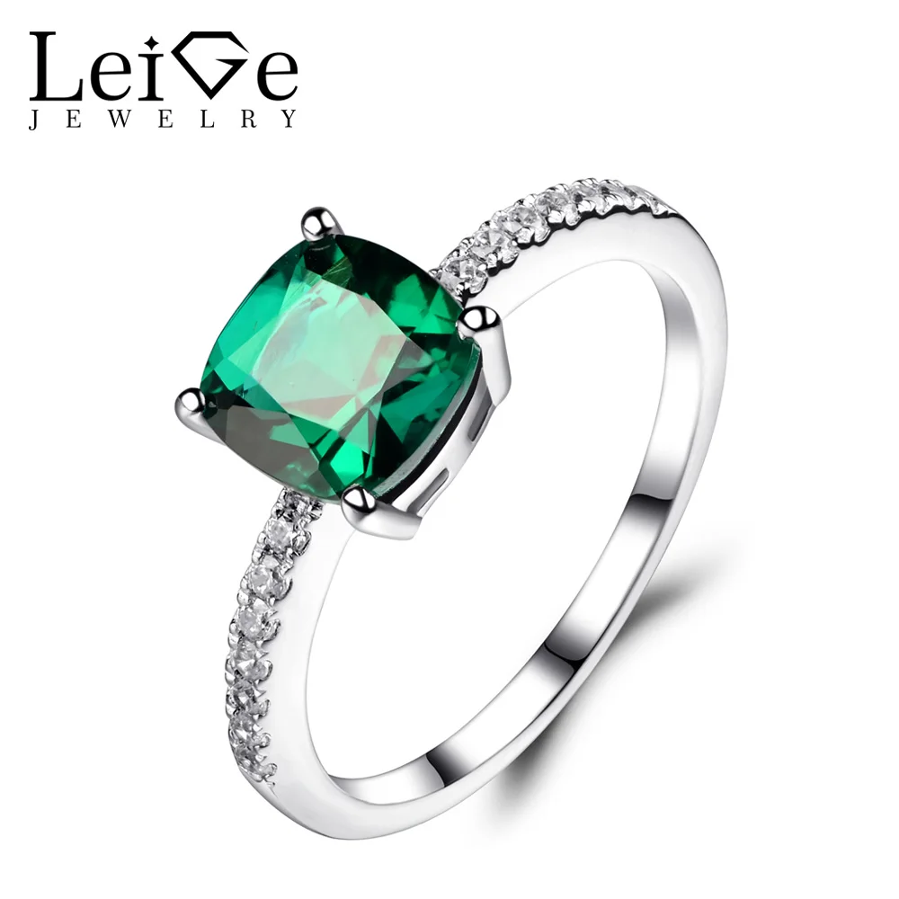 

Leige Jewelry Emerald Ring Sterling Silver 925 Jewelry Wedding Engagement Gemstone Rings for Women Anniversary Gift Cushion Cut