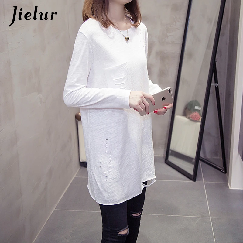 Jielur 2019 Осенняя модная женская футболка с дырками однотонные корейские свободные