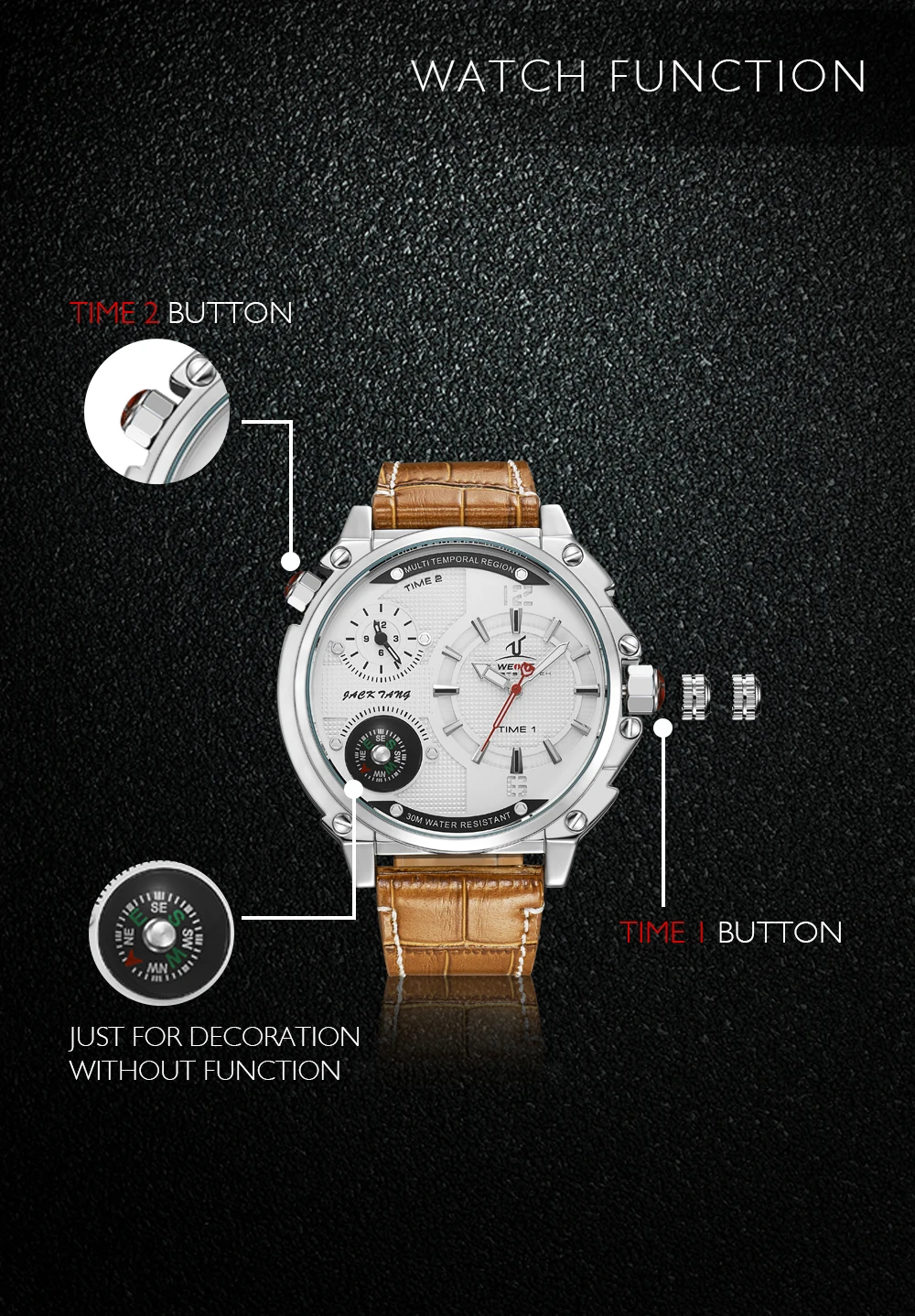 WEIDE спортивные роскошные часы с несколькими часовыми поясами, кварцевые мужские наручные часы с коричневым кожаным ремешком, мужские часы, мужские часы orologi uomo