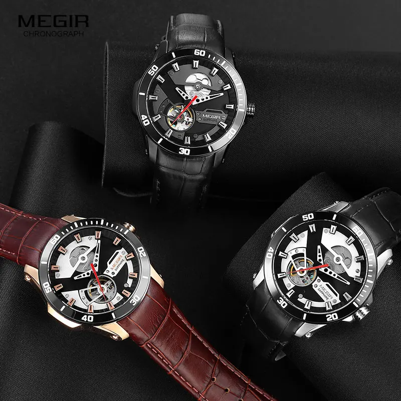 

MEGIR Men's Leather Sport Hand Wind Mechanical Watches Top Brand Luxury Waterproof Wristwatch Relogios Masculinos Clock ML62069
