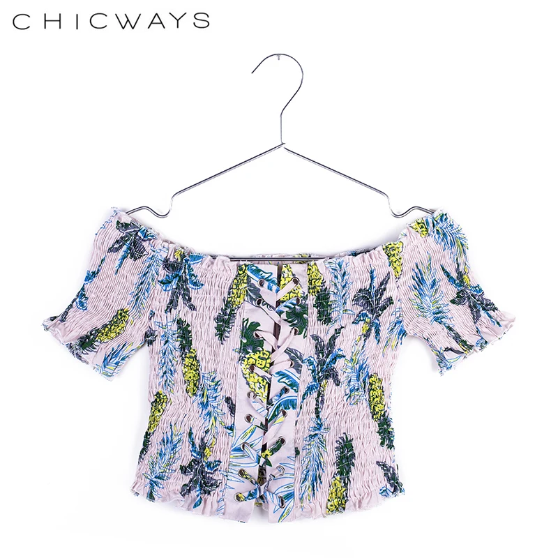 Chicways с открытыми плечами и принтом сексуальный топ на бретелях Ruching ruffle кружевные
