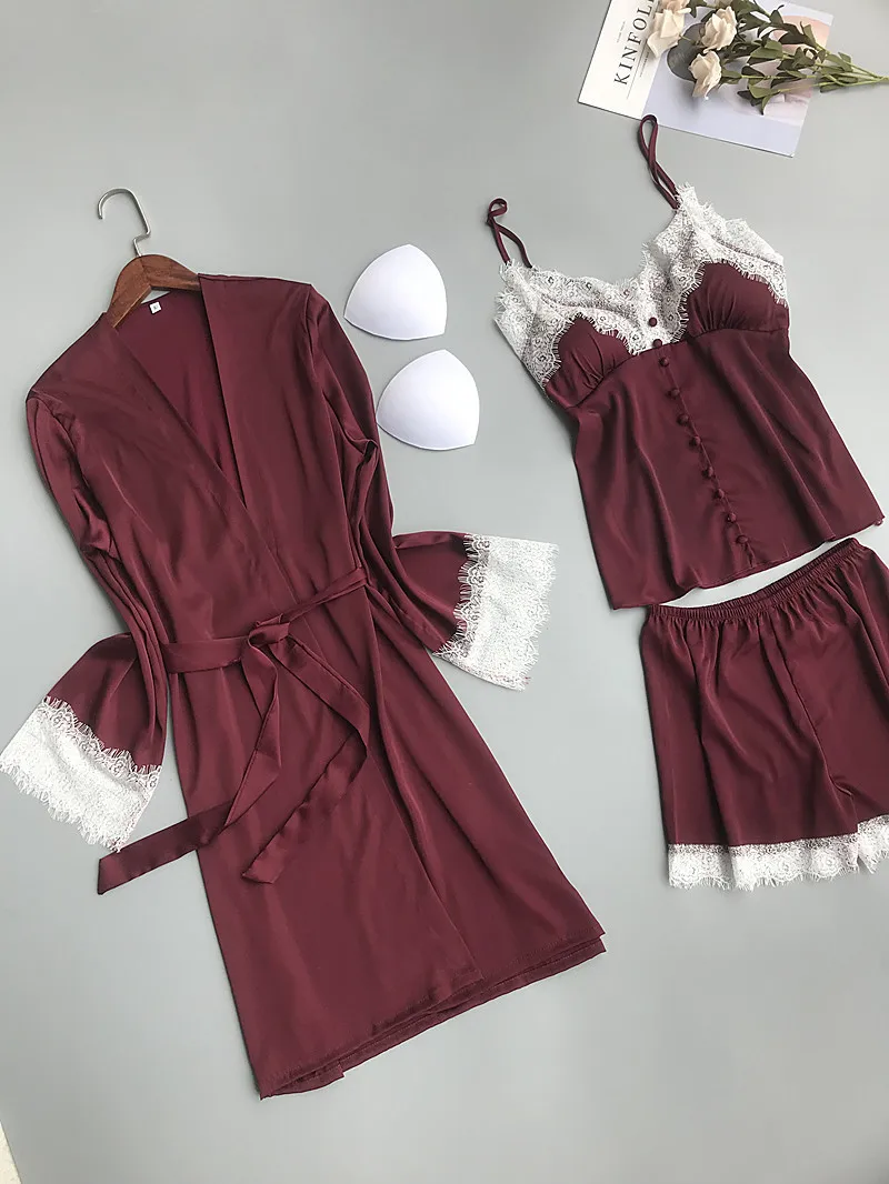 Lisacmvpnel 3 Pcs Ice Silk Robe Set Lace Sexy Bathrobe Spaghetti Strap With Chest Pad Nightdress+Robe+Shorts Pyjama For Women