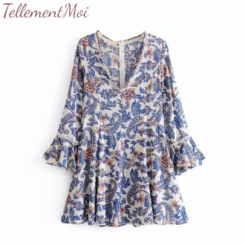 Boho Lace Dress Women's Floral Print Flowy Dresses V Neck Flare Sleeve Female Holiday Beach Summer Casual Short Mini |