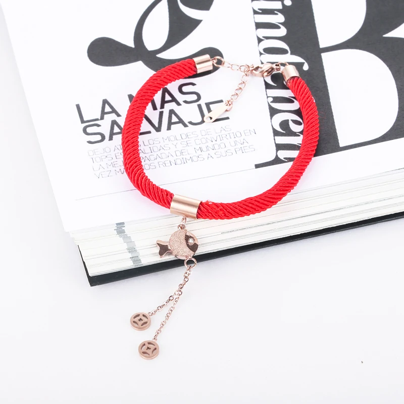 Stainless steel Scrub Fish Copper Money Fringe Lucky Red Rope Bracelet Female Couple Series Lovers Gift Jewelry Wholesale | Украшения и