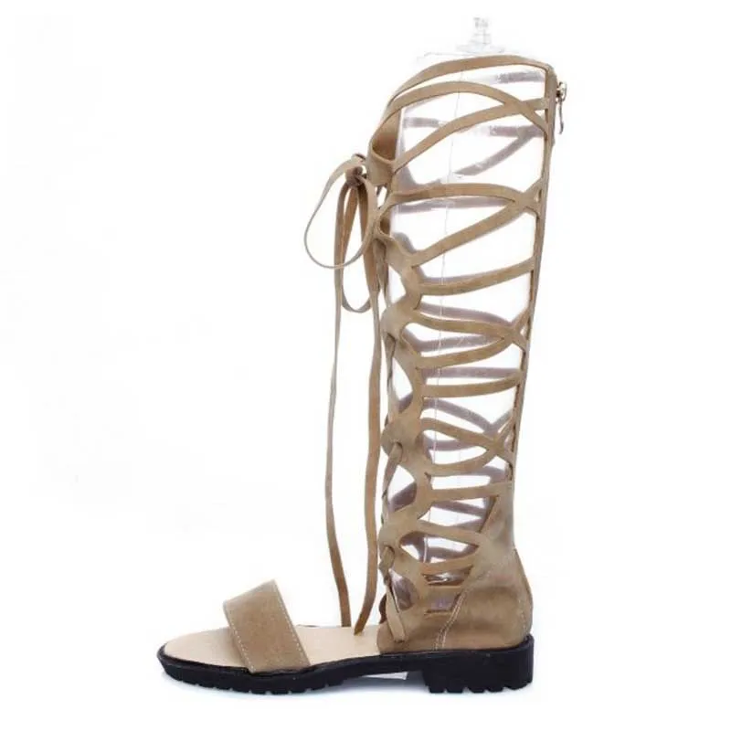 Женские сапоги до колена с перекрестной шнуровкой на плоской подошве размеры 34