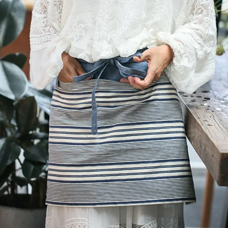 Полосатый Синий Розовый хлопок талии фартук официантка бариста кафе бармен