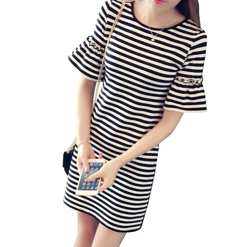 Женское платье 2017 новое поступление летнее в полоску черно белое мини с