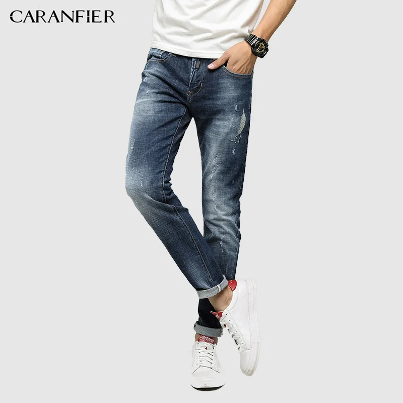 CARANFIER/новые модные джинсы для мужчин весенние тонкие Стрейчевые с вышивкой