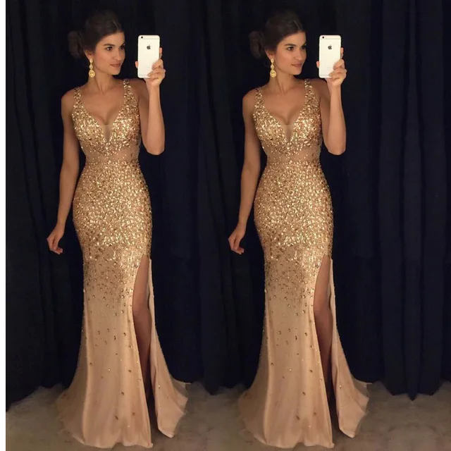 Новое роскошное платье с бисером и пайетками Vestidos De Baile фатиновое разрезом