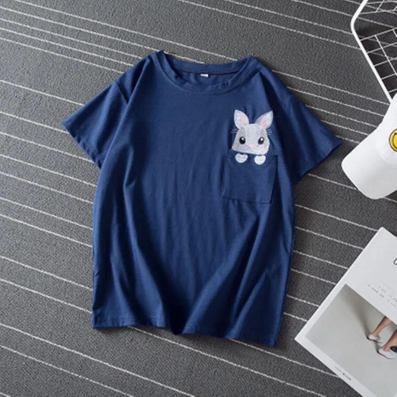 Модные женские топы из хлопка и модала Harajuku, футболка с вышитым карманом Rabit и круглым вырезом, кавайные летние футболки, футболка с изображением кролика, мягкая тонкая футболка