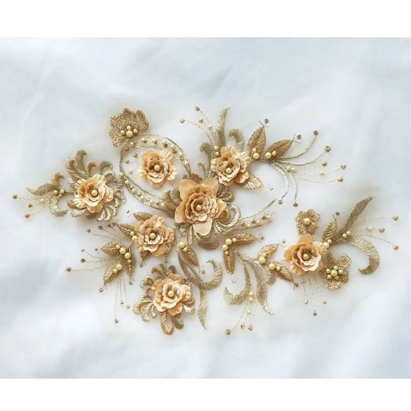 1 шт. 3D Цветочная вышивка кружева свадебная Аппликация из бисера жемчуга Тюль