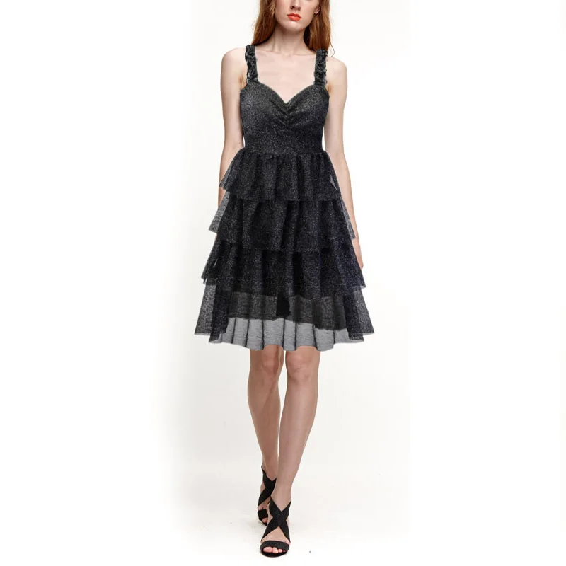 2019 women Sparkly Black Cascading A line Dress elegant Glitter Sleeveless Pleated Party for ladies | Женская одежда