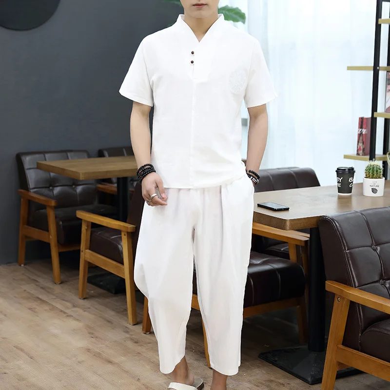 

men clothes 2019 t shirt tshirt Brand men linen Tops&Tees sets plus size M-9XL T-shirt Chinese style two-piece suits 5 colors